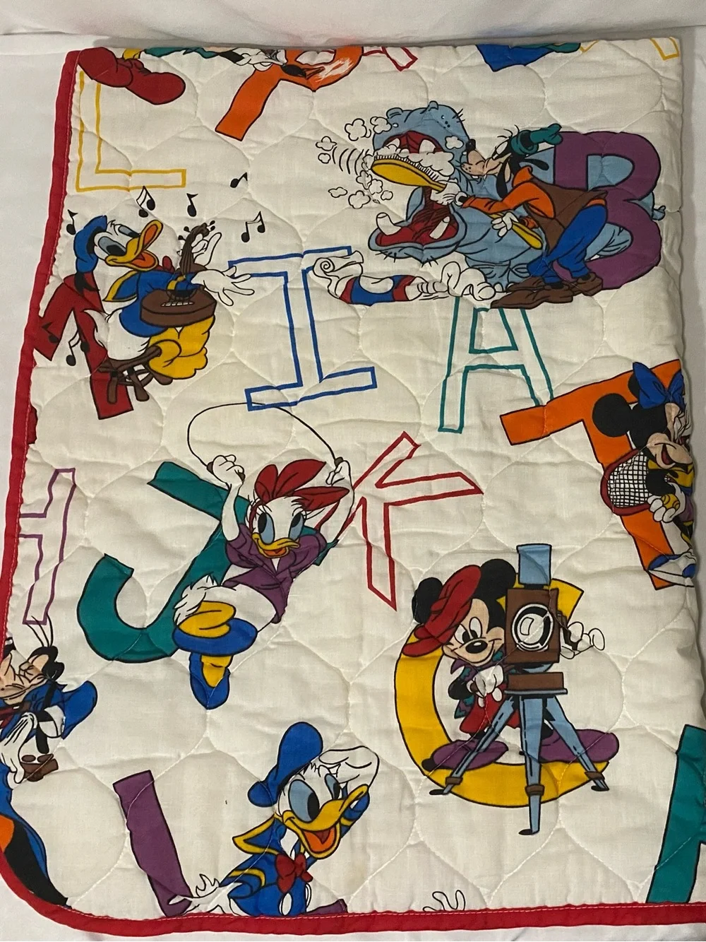 Vintage Disney White Quilted Throw Blanket with Multicolor Character Print